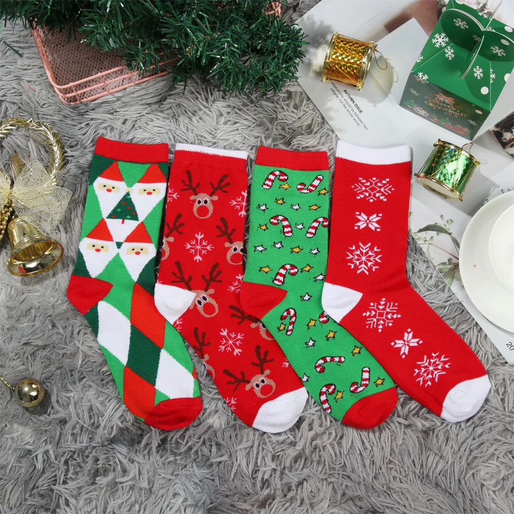 1 Pair Unisex Christmas Socks Santa Claus For Man Woman Lady Thickness Cotton Knit Xmas Funny Socks Elk Santa Stockings