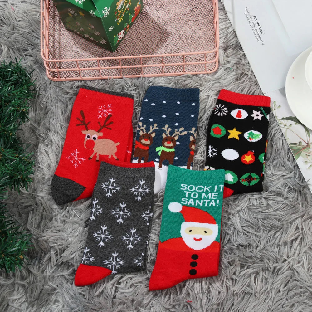 1 Pair Unisex Christmas Socks Santa Claus For Man Woman Lady Thickness Cotton Knit Xmas Funny Socks Elk Santa Stockings
