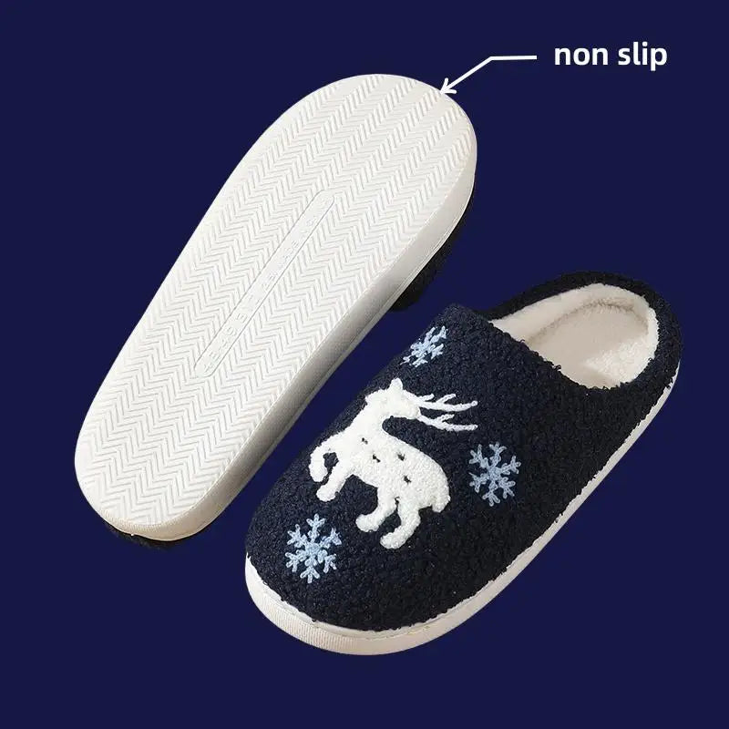Cartoon Moose Cute Plush Indoor Slippers Women 2025 Winter Warm Fluffy Fur Couple's Christmas Slippers Soft Flat Heel Slides