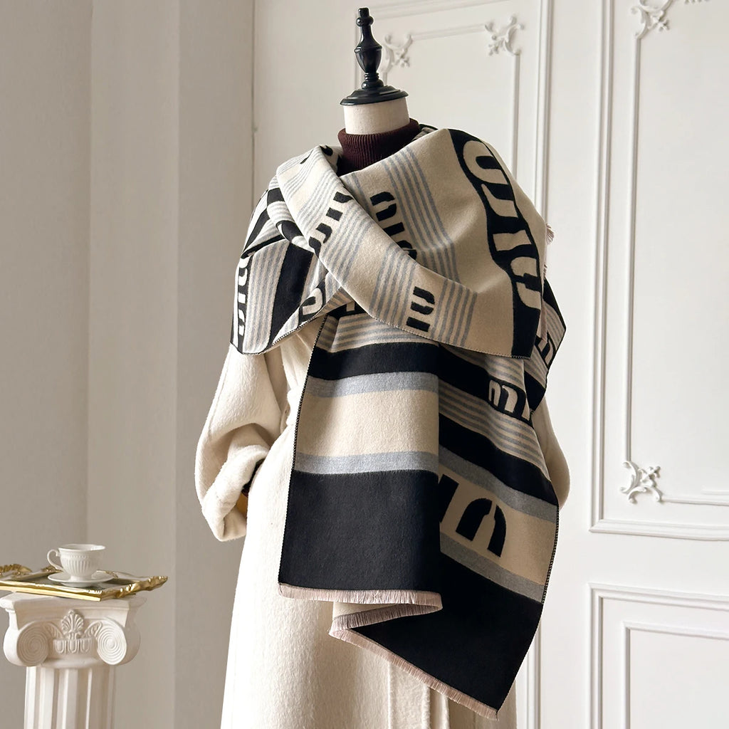 New Brand Elegance Two-Sided Print Scarf Soft Warm Fringe Pashmina Shawl Autumn and Winter Outdoor Coldproof Windproof Blanket