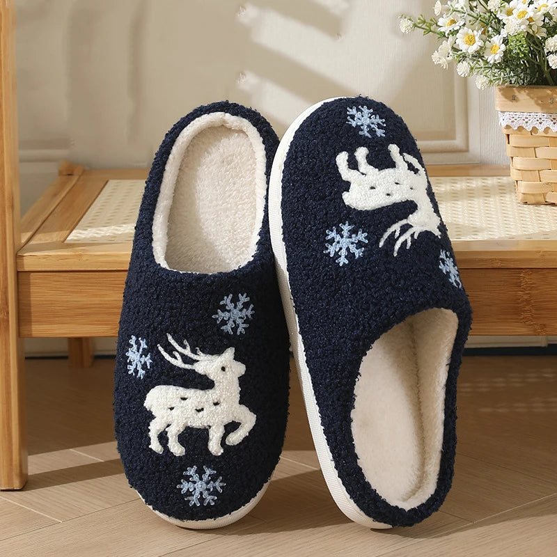 Cartoon Moose Cute Plush Indoor Slippers Women 2025 Winter Warm Fluffy Fur Couple's Christmas Slippers Soft Flat Heel Slides