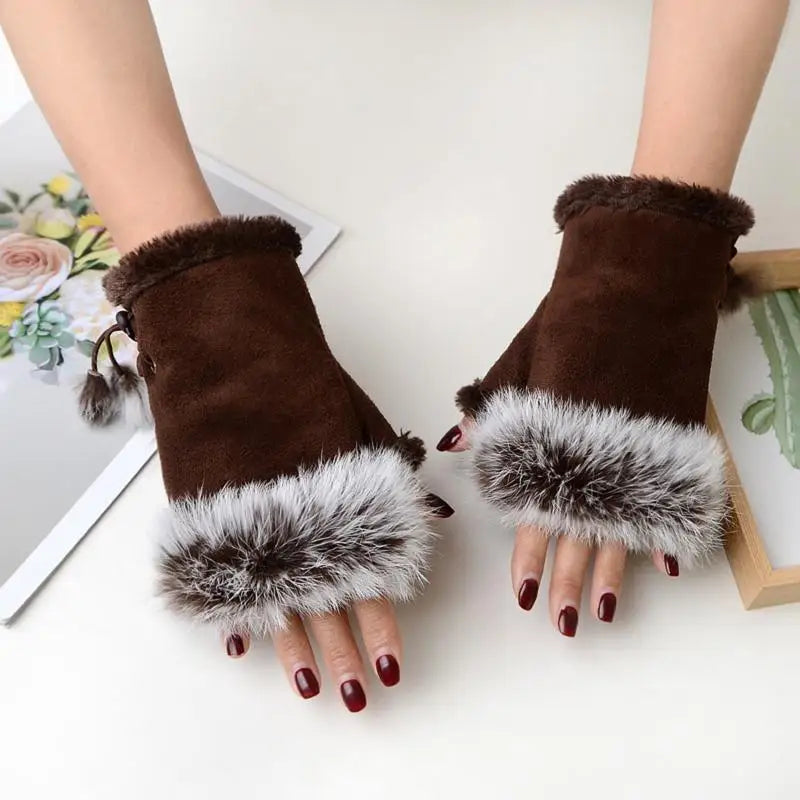 Soft Winter Half Finger Gloves Women Warm Luxury  Plush  Fingerless Gloves Wrist Mittens Writting