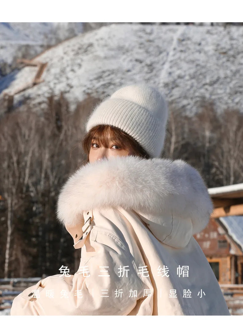 Fashion Warm Cashmere Wool Skullies Angola Rabbit Fur Winter Knitted Beanies Women Cap Female Three Fold Ski Outdoor Hats