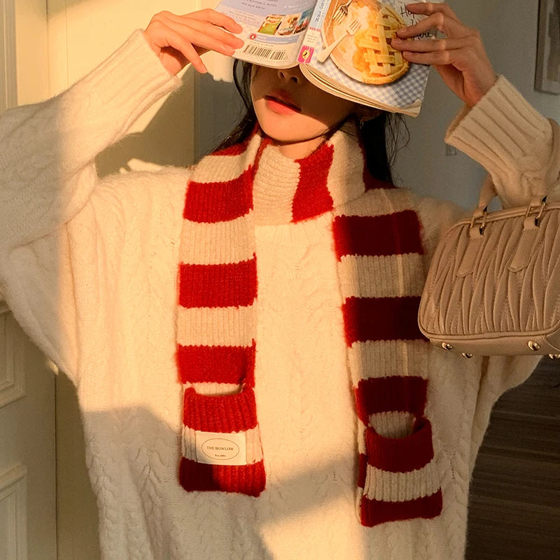 Red Stripe Soft Wool Knitted Scarf Women Winter Korean Thick Warm Scarf Fashion Y2K Harajuku Scarf Shawl Christmas New Year Gift