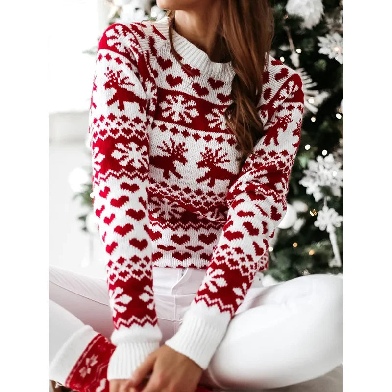 2025 Winter Women Christmas Sweater Snowflak Print Knitted Jumpers Full Sleeve Knitwear Casual Soft Jacquard Pullover Xmas Look