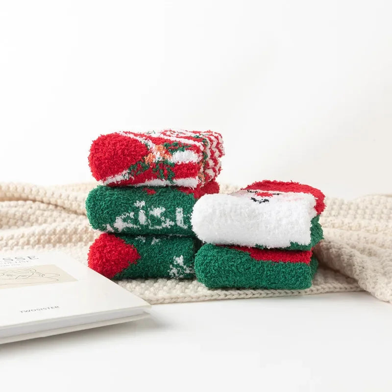 Christmas Red Thickened Coral Fleece Slippers Women's Home Socks Cozy Plush Autumn Winter Floor Socks Warmth And Style