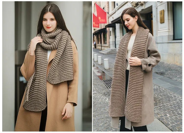 Hand Knitted Chunky Yarn Plain Scarf for Women Winter Thick Warm Soft Wool Like Scarf Fashion Long Scarves Casual Outdoor Travel