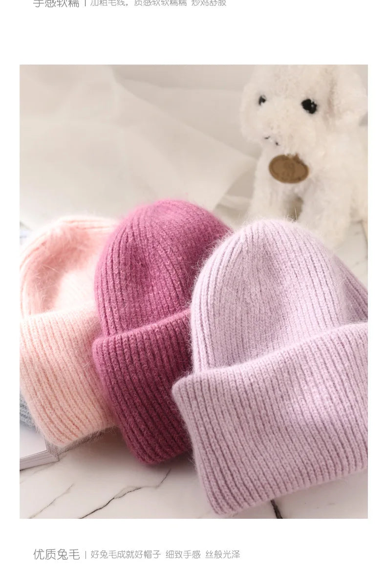 Fashion Warm Cashmere Wool Skullies Angola Rabbit Fur Winter Knitted Beanies Women Cap Female Three Fold Ski Outdoor Hats