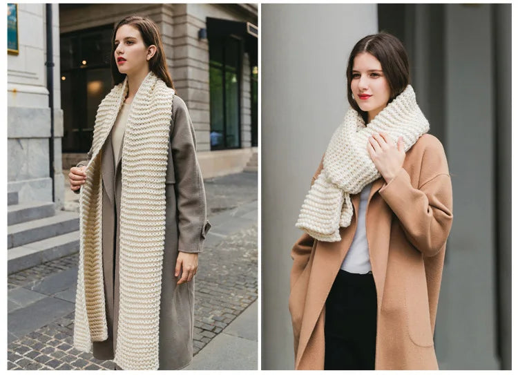 Hand Knitted Chunky Yarn Plain Scarf for Women Winter Thick Warm Soft Wool Like Scarf Fashion Long Scarves Casual Outdoor Travel