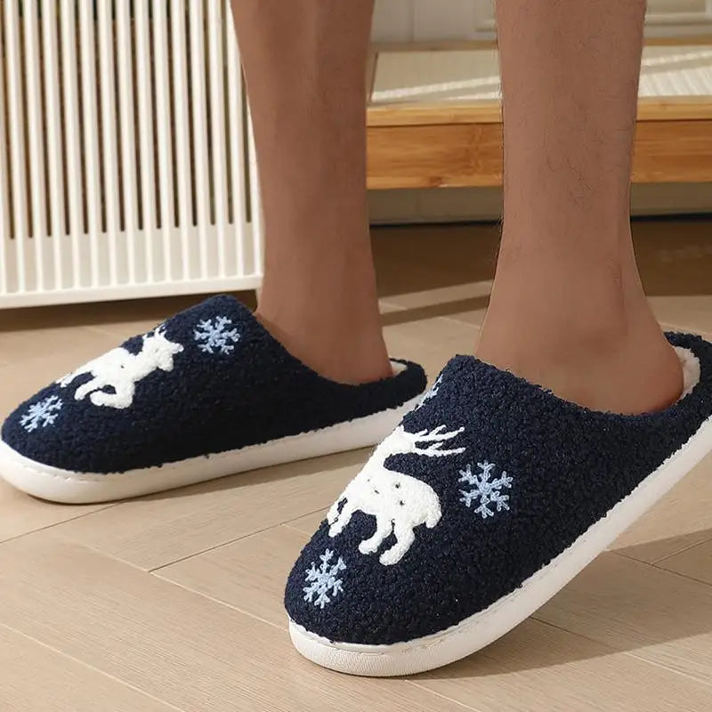 Cartoon Moose Cute Plush Indoor Slippers Women 2025 Winter Warm Fluffy Fur Couple's Christmas Slippers Soft Flat Heel Slides