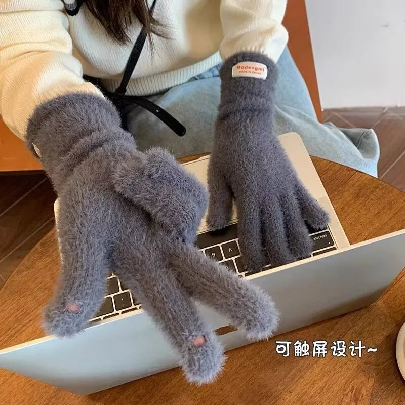 Winter Women's Gloves Thick Plush Knit Gloves Warm Velvet Mittens Solid Outdoor Ski Drive Touch Screen Gloves Christmas Gift