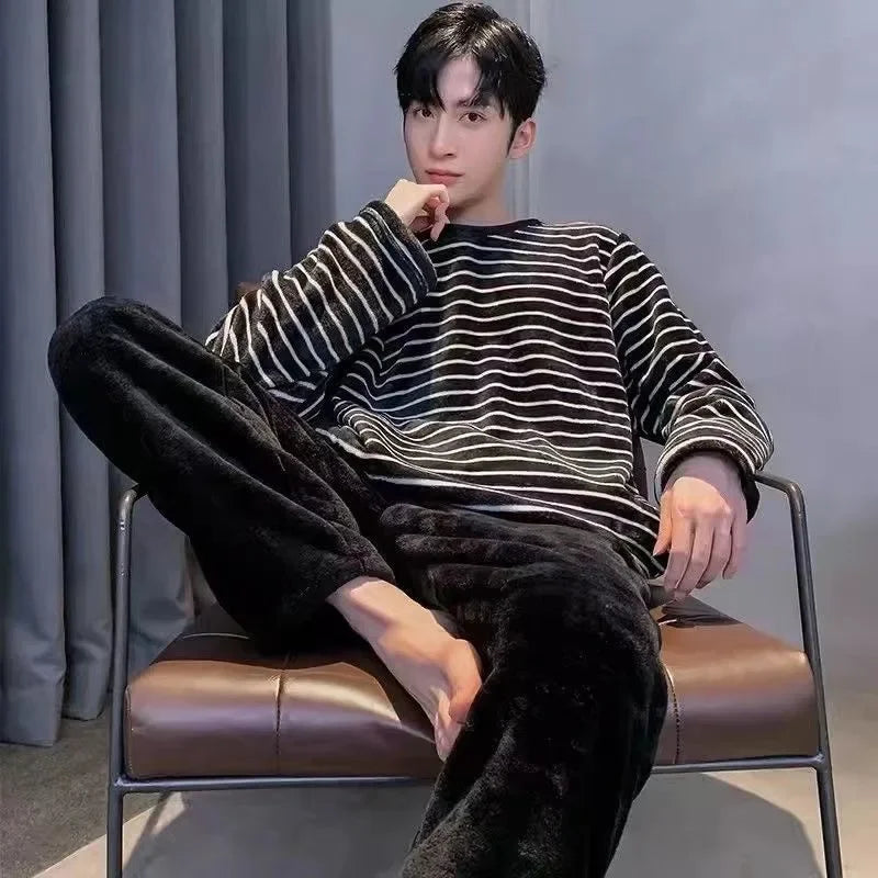 Men Winter Warm Flannel Pajama Sets Long Sleeve Thick Homewear For Men Coral Velvet Cute Cartoon Sleepwear Suit Pyjamas Homewear