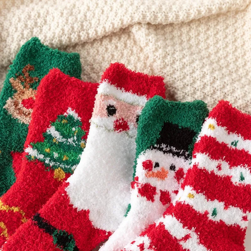 Christmas Red Thickened Coral Fleece Slippers Women's Home Socks Cozy Plush Autumn Winter Floor Socks Warmth And Style