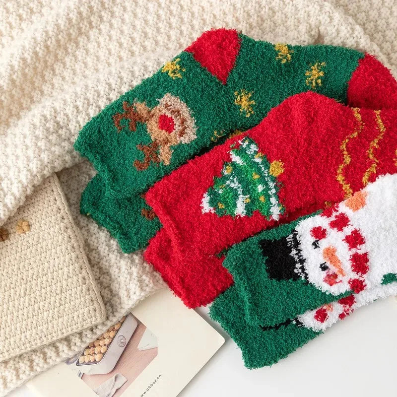 Christmas Red Thickened Coral Fleece Slippers Women's Home Socks Cozy Plush Autumn Winter Floor Socks Warmth And Style