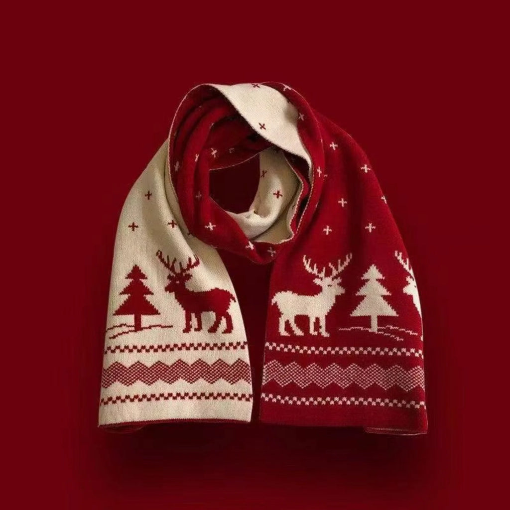 1PC Christmas Reindeer Scarf Knitted Warm Double-sided Pattern Winter Holiday Fashion Accessory For Women Girls Xmas Party Gift