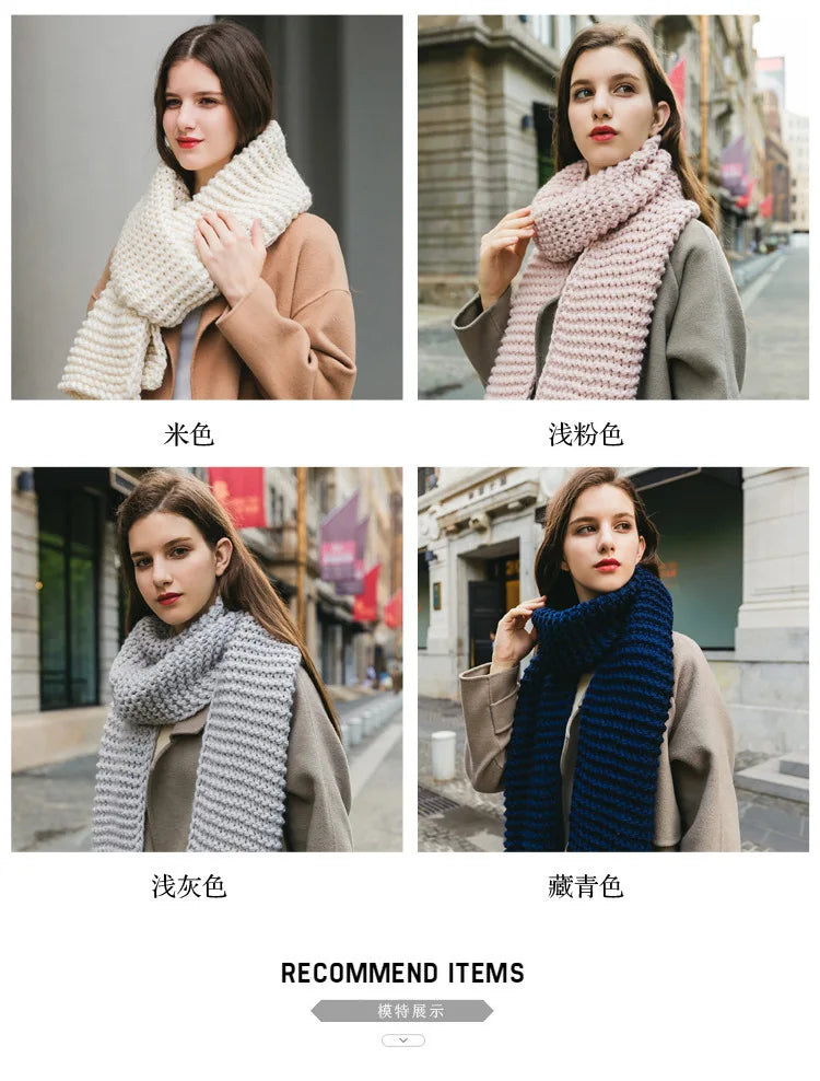 Hand Knitted Chunky Yarn Plain Scarf for Women Winter Thick Warm Soft Wool Like Scarf Fashion Long Scarves Casual Outdoor Travel