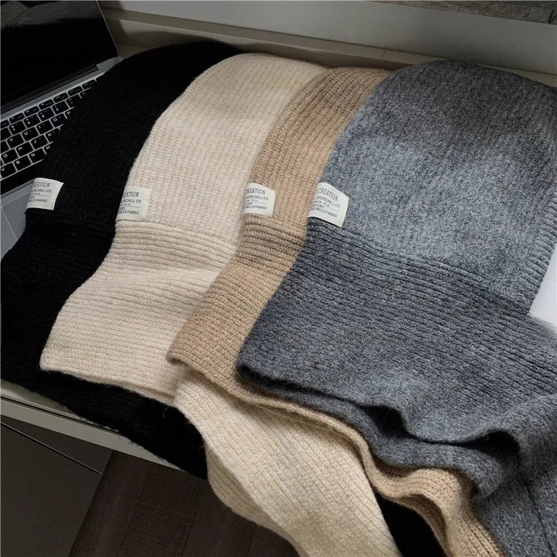 Korean Balaclava bonnet beanies y2k Hat scarf one-piece thickened warm retro Neck protection winter accessories knitted Law hat