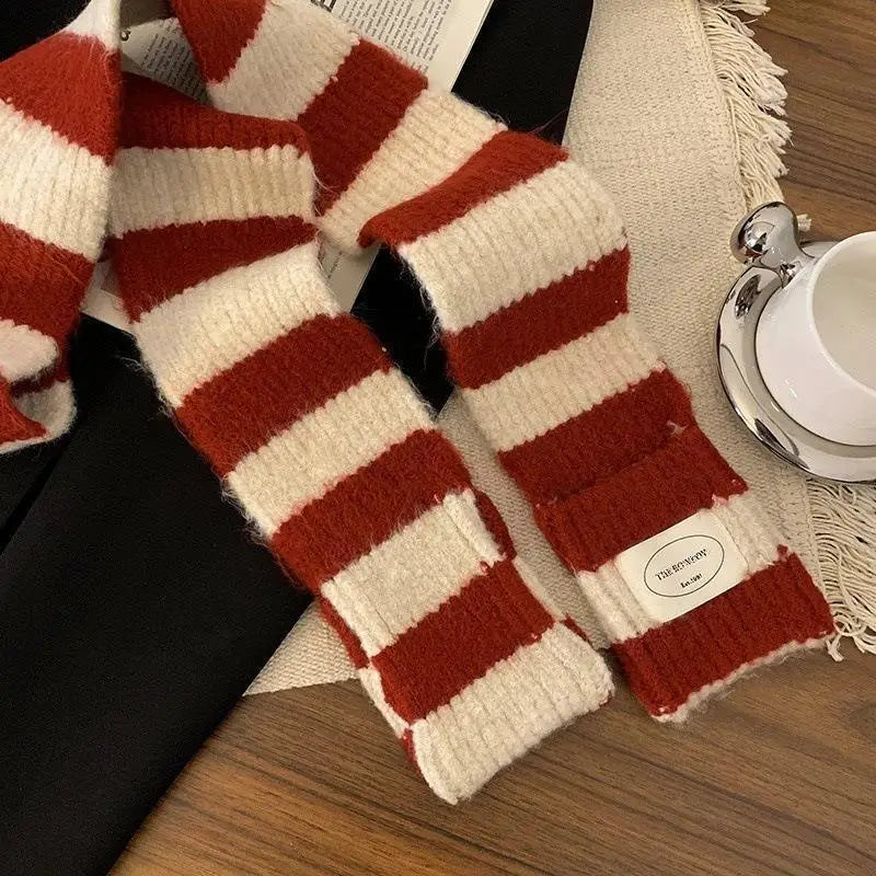 Red Stripe Soft Wool Knitted Scarf Women Winter Korean Thick Warm Scarf Fashion Y2K Harajuku Scarf Shawl Christmas New Year Gift