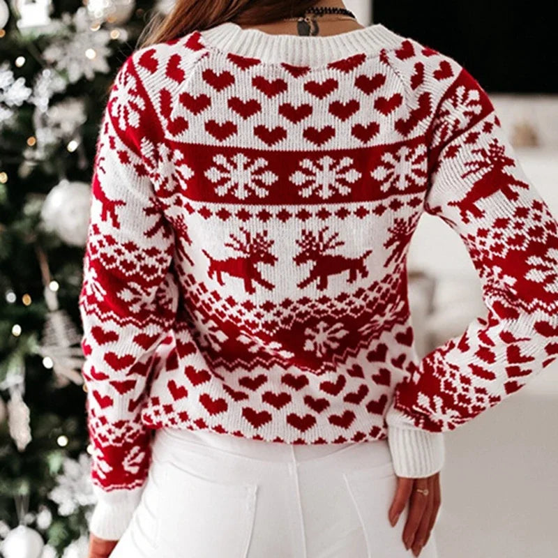 2025 Winter Women Christmas Sweater Snowflak Print Knitted Jumpers Full Sleeve Knitwear Casual Soft Jacquard Pullover Xmas Look