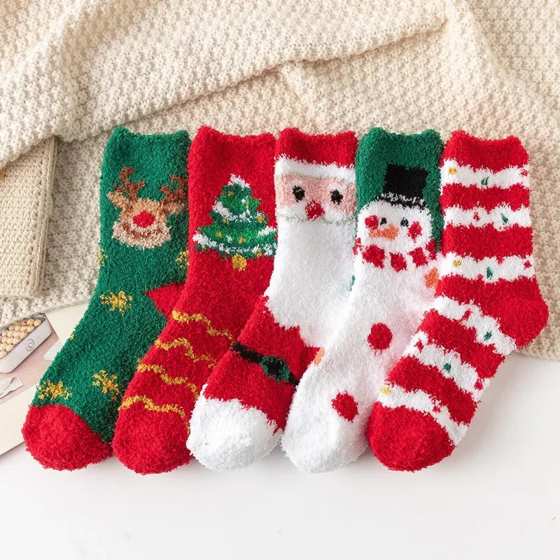 Christmas Red Thickened Coral Fleece Slippers Women's Home Socks Cozy Plush Autumn Winter Floor Socks Warmth And Style