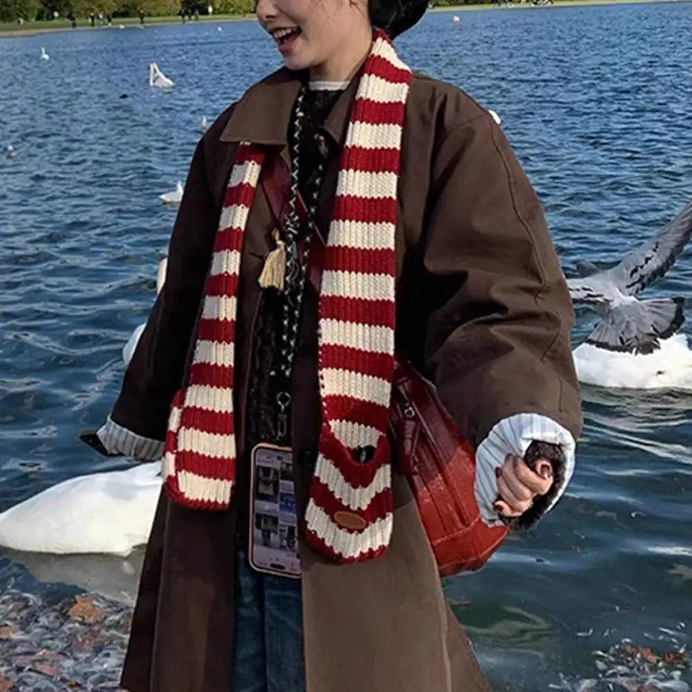 Red Stripe Soft Wool Knitted Scarf Women Winter Korean Thick Warm Scarf Fashion Y2K Harajuku Scarf Shawl Christmas New Year Gift