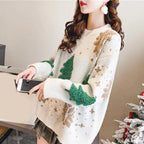 Knitted Sweater Cozy Women's Christmas Sweater Knit Thick Round Neck Festive Tree Print Soft Warm Pullover for New Year