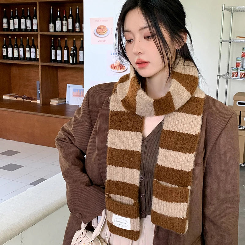 Red Stripe Soft Wool Knitted Scarf Women Winter Korean Thick Warm Scarf Fashion Y2K Harajuku Scarf Shawl Christmas New Year Gift