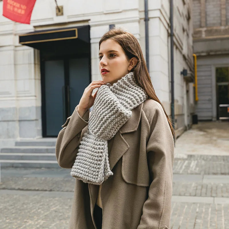 Hand Knitted Chunky Yarn Plain Scarf for Women Winter Thick Warm Soft Wool Like Scarf Fashion Long Scarves Casual Outdoor Travel