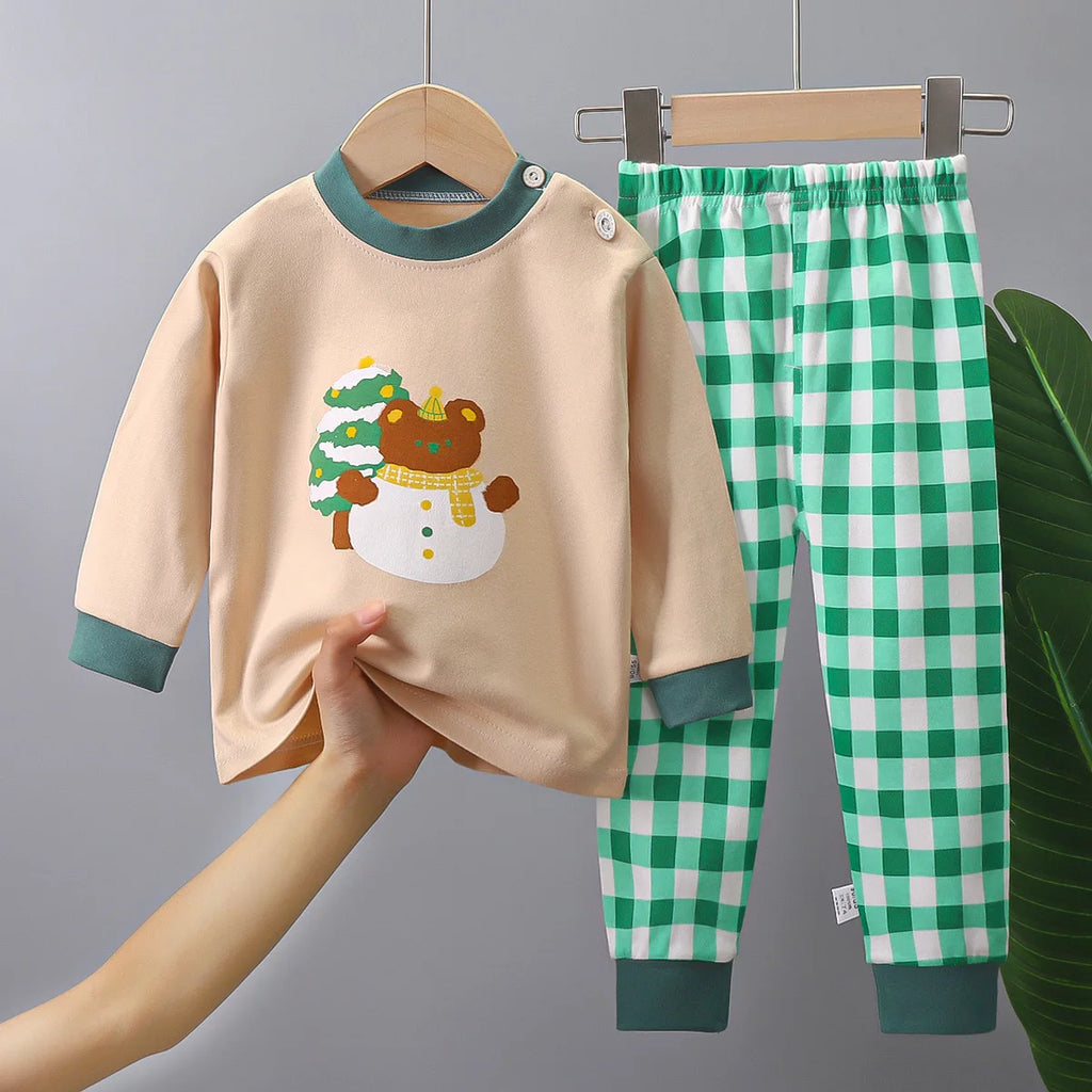 2025 Autumn Christmas Kids Cotton Pajama Set Long Sleeve Thermal Underwear for Boys and Girls Baby Homewear Clothes
