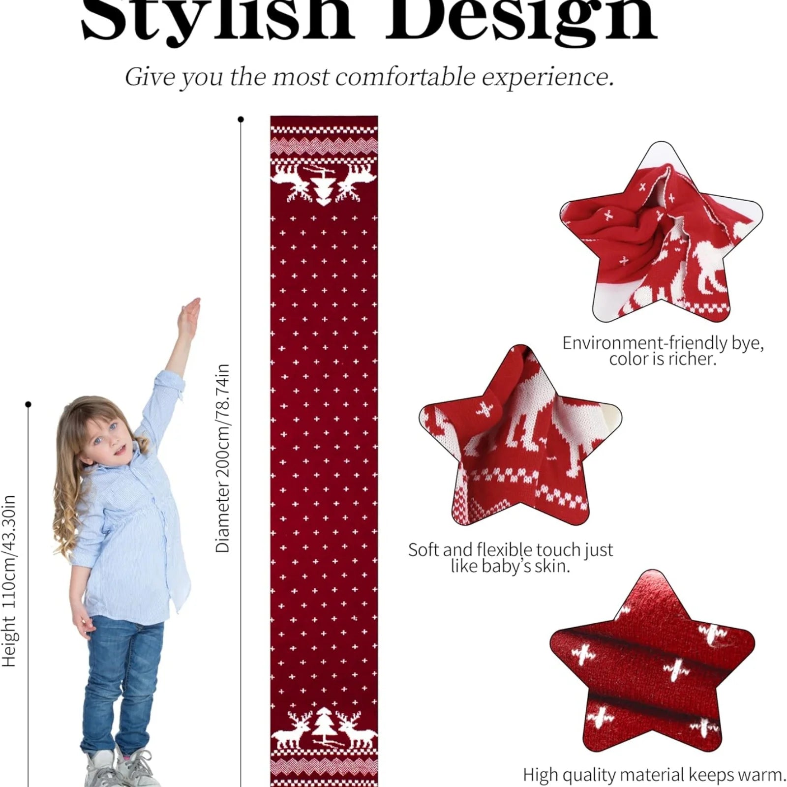 1PC Christmas Reindeer Scarf Knitted Warm Double-sided Pattern Winter Holiday Fashion Accessory For Women Girls Xmas Party Gift