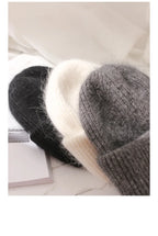 Fashion Warm Cashmere Wool Skullies Angola Rabbit Fur Winter Knitted Beanies Women Cap Female Three Fold Ski Outdoor Hats