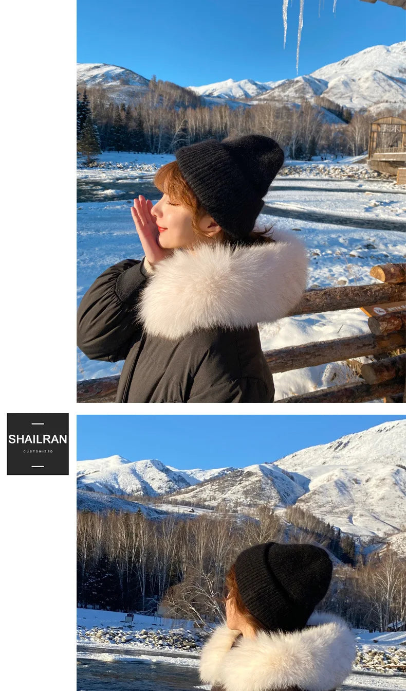 Fashion Warm Cashmere Wool Skullies Angola Rabbit Fur Winter Knitted Beanies Women Cap Female Three Fold Ski Outdoor Hats