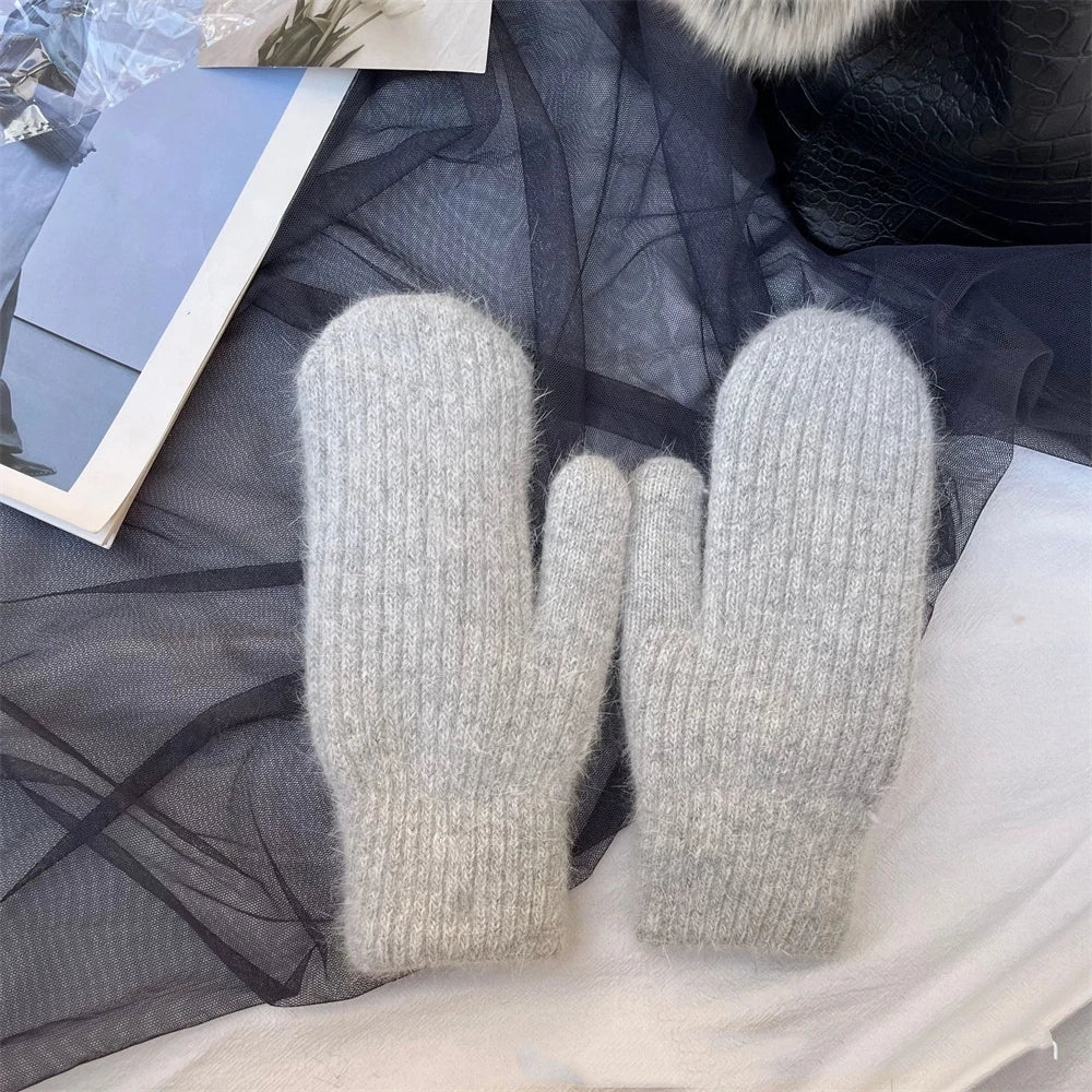 New Fashion Knitted Gloves Men's and Women's Double-layer Velvet Warm Rabbit Fur Winter Out Cold Simple 23*11CM