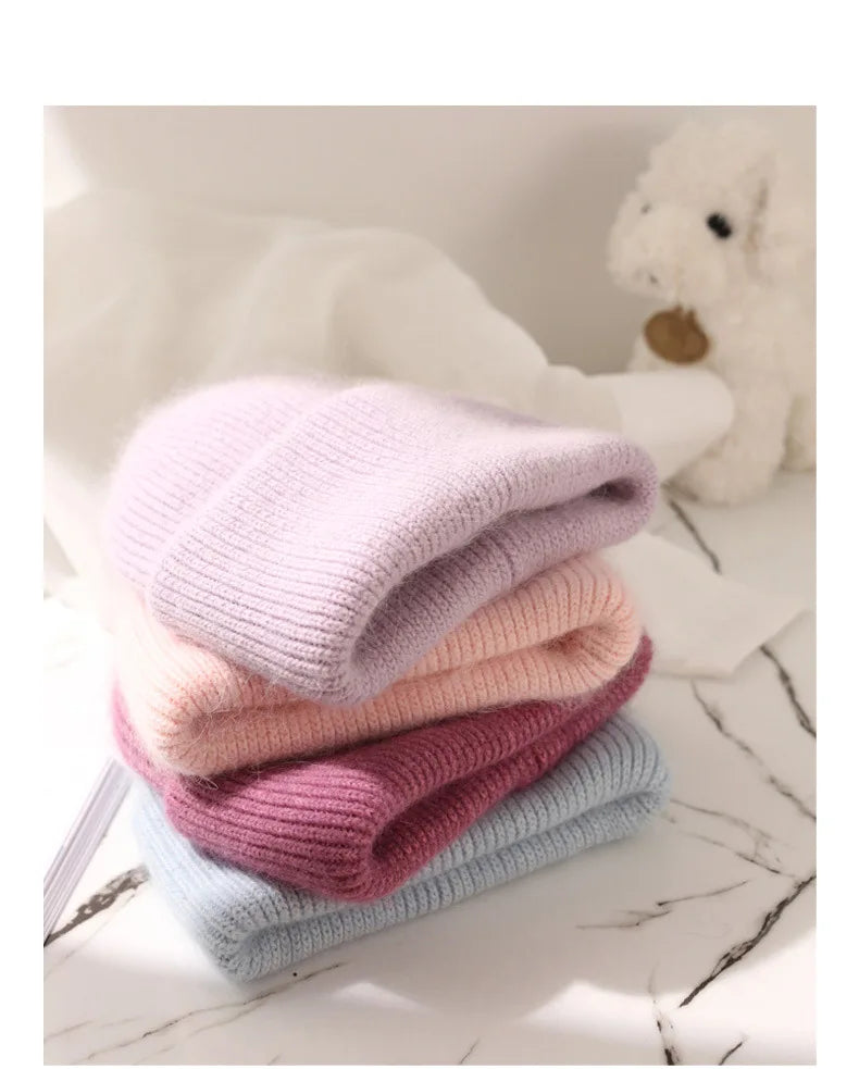 Fashion Warm Cashmere Wool Skullies Angola Rabbit Fur Winter Knitted Beanies Women Cap Female Three Fold Ski Outdoor Hats