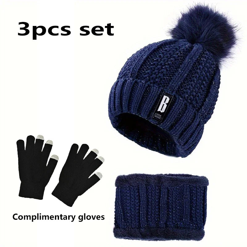 2/3pcs set of winter hat scarf and gloves made of windproof thick plush knit method ideal gift for Christmas Outdoor leisure hat