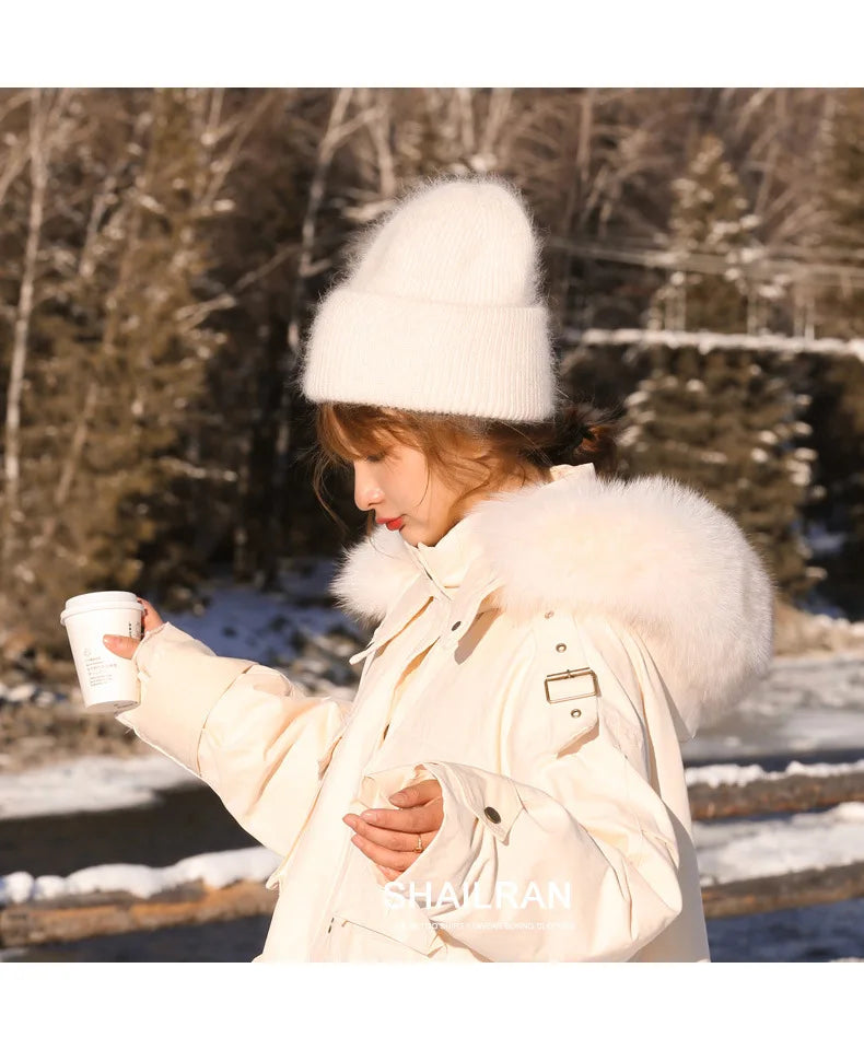 Fashion Warm Cashmere Wool Skullies Angola Rabbit Fur Winter Knitted Beanies Women Cap Female Three Fold Ski Outdoor Hats