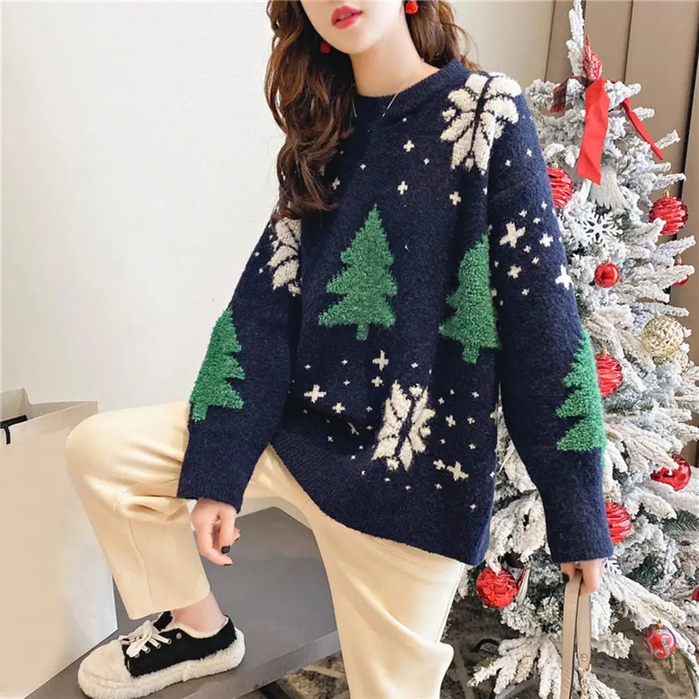 Knitted Sweater Cozy Women's Christmas Sweater Knit Thick Round Neck Festive Tree Print Soft Warm Pullover for New Year