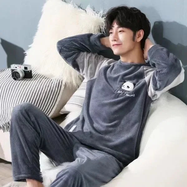 Men Winter Warm Flannel Pajama Sets Long Sleeve Thick Homewear For Men Coral Velvet Cute Cartoon Sleepwear Suit Pyjamas Homewear