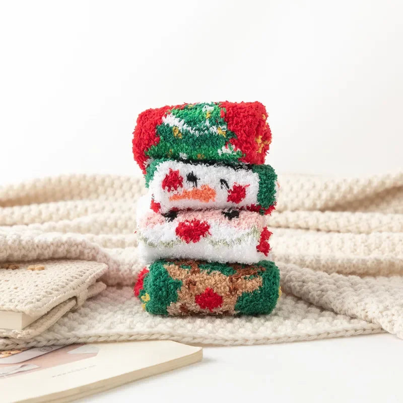 Christmas Red Thickened Coral Fleece Slippers Women's Home Socks Cozy Plush Autumn Winter Floor Socks Warmth And Style