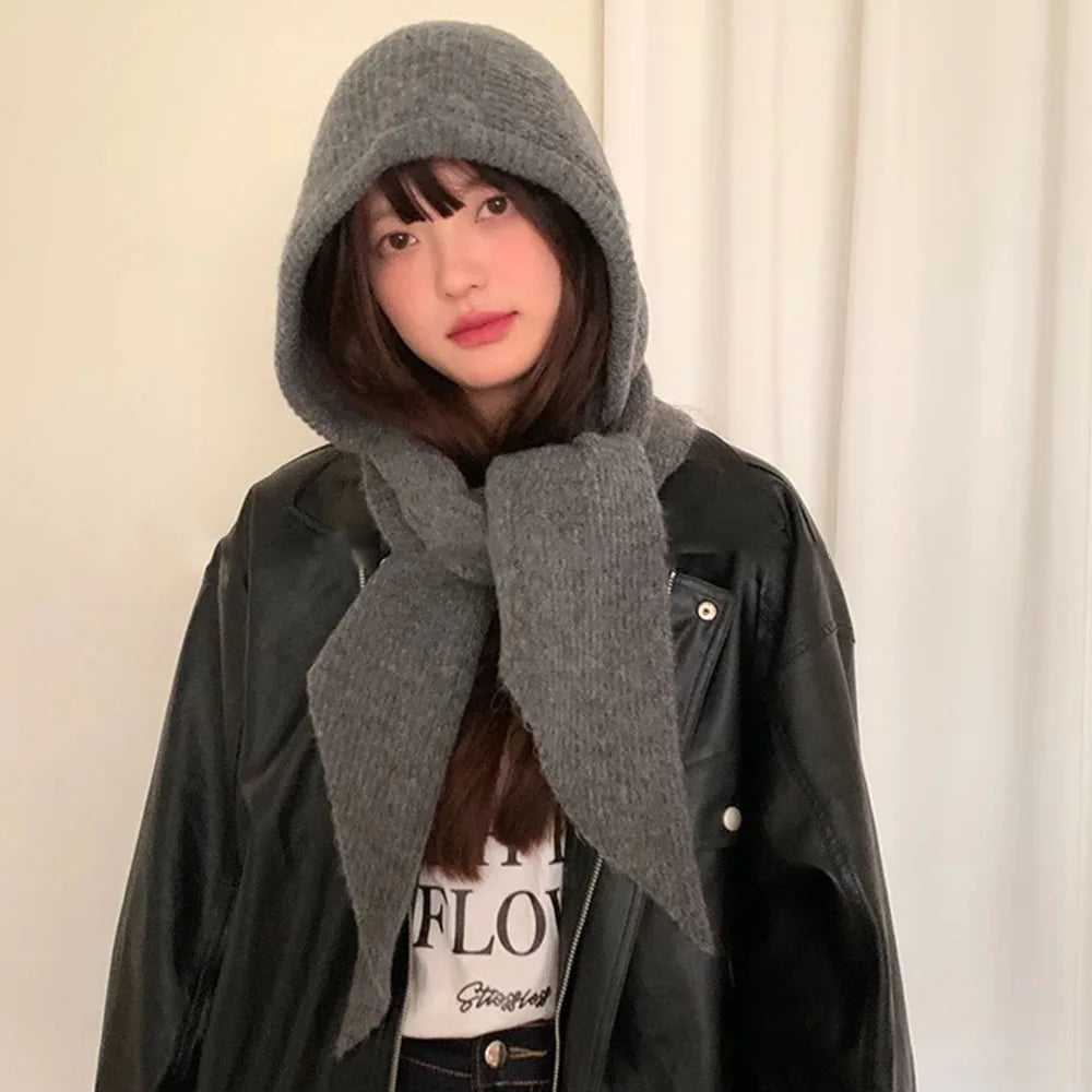 Korean Balaclava bonnet beanies y2k Hat scarf one-piece thickened warm retro Neck protection winter accessories knitted Law hat
