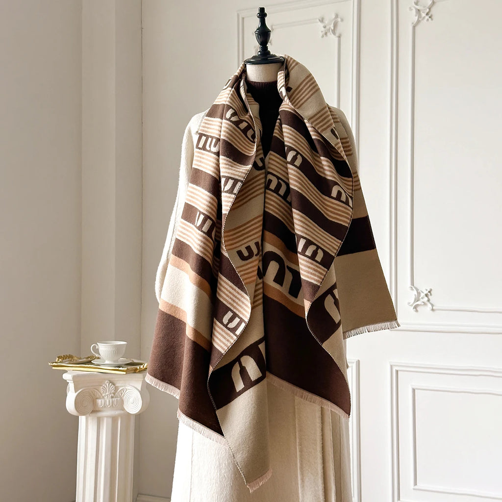 New Brand Elegance Two-Sided Print Scarf Soft Warm Fringe Pashmina Shawl Autumn and Winter Outdoor Coldproof Windproof Blanket