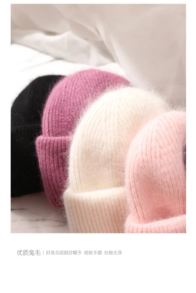Fashion Warm Cashmere Wool Skullies Angola Rabbit Fur Winter Knitted Beanies Women Cap Female Three Fold Ski Outdoor Hats