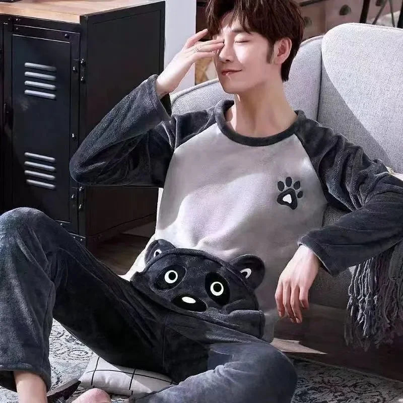 Men Winter Warm Flannel Pajama Sets Long Sleeve Thick Homewear For Men Coral Velvet Cute Cartoon Sleepwear Suit Pyjamas Homewear