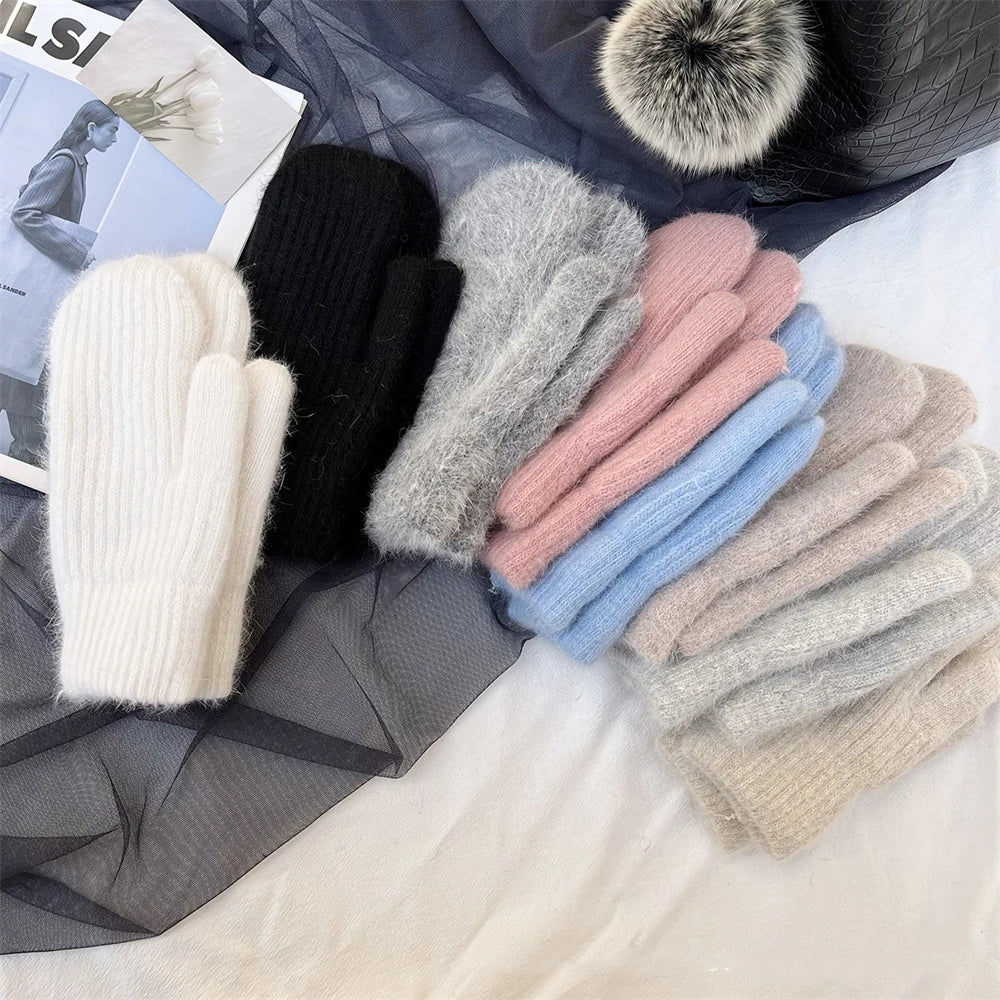 New Fashion Knitted Gloves Men's and Women's Double-layer Velvet Warm Rabbit Fur Winter Out Cold Simple 23*11CM
