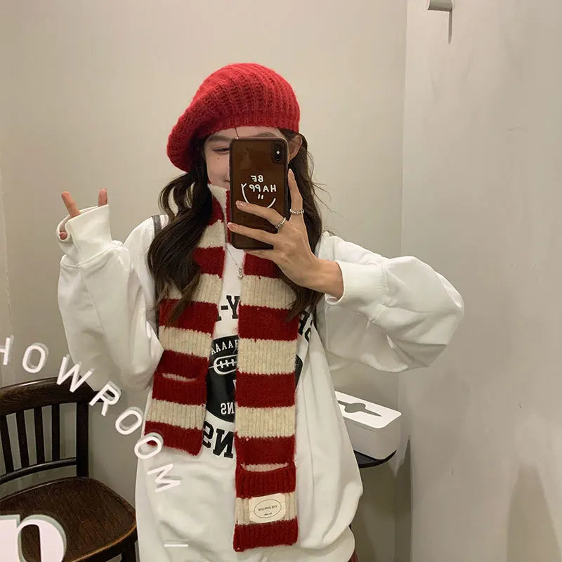 Red Stripe Soft Wool Knitted Scarf Women Winter Korean Thick Warm Scarf Fashion Y2K Harajuku Scarf Shawl Christmas New Year Gift