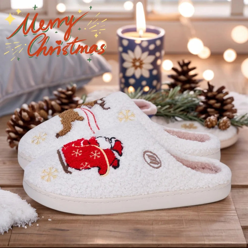 Winter Lovely Women Slippers Christmas Santa Claus Elk Plush Slippers Girls Fashion Indoor Slides Couples Soft Flat House Shoes