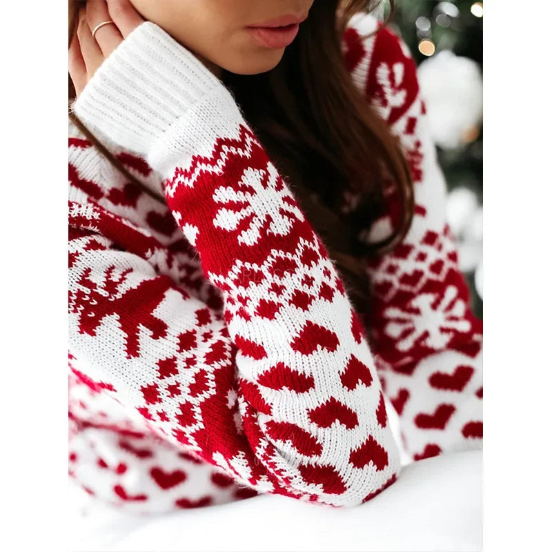 2025 Winter Women Christmas Sweater Snowflak Print Knitted Jumpers Full Sleeve Knitwear Casual Soft Jacquard Pullover Xmas Look