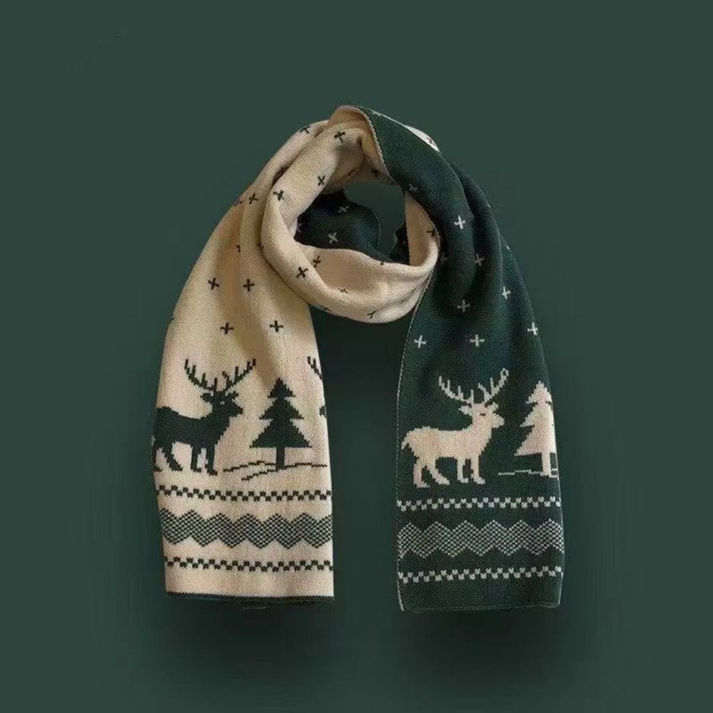 1PC Christmas Reindeer Scarf Knitted Warm Double-sided Pattern Winter Holiday Fashion Accessory For Women Girls Xmas Party Gift