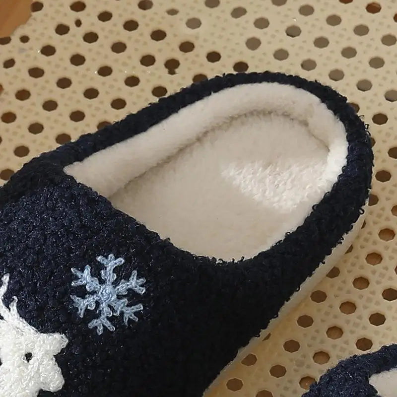 Cartoon Moose Cute Plush Indoor Slippers Women 2025 Winter Warm Fluffy Fur Couple's Christmas Slippers Soft Flat Heel Slides