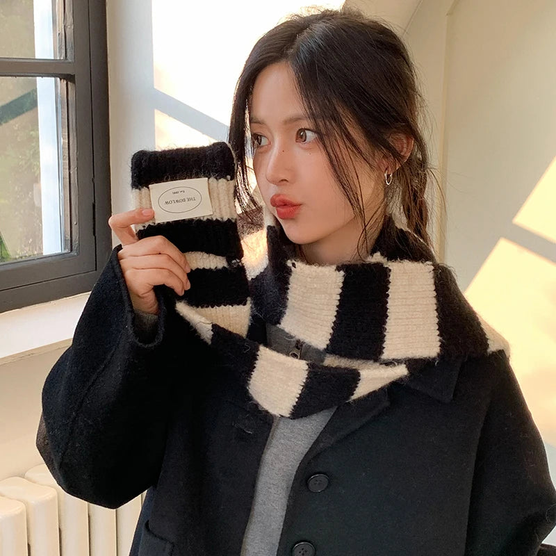 Red Stripe Soft Wool Knitted Scarf Women Winter Korean Thick Warm Scarf Fashion Y2K Harajuku Scarf Shawl Christmas New Year Gift